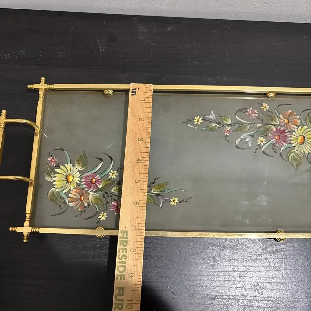 Vintage MCM Hollywood Regency Brass Frame Glass Hand Painted Floral Serving Tray